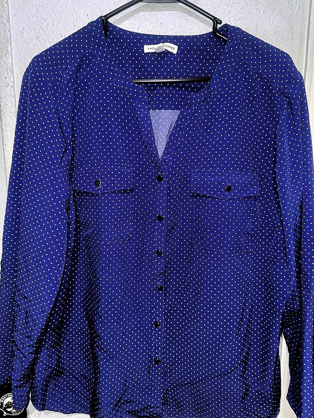 Notations Polka Dot Button Down Blouse in Blue XL Like New